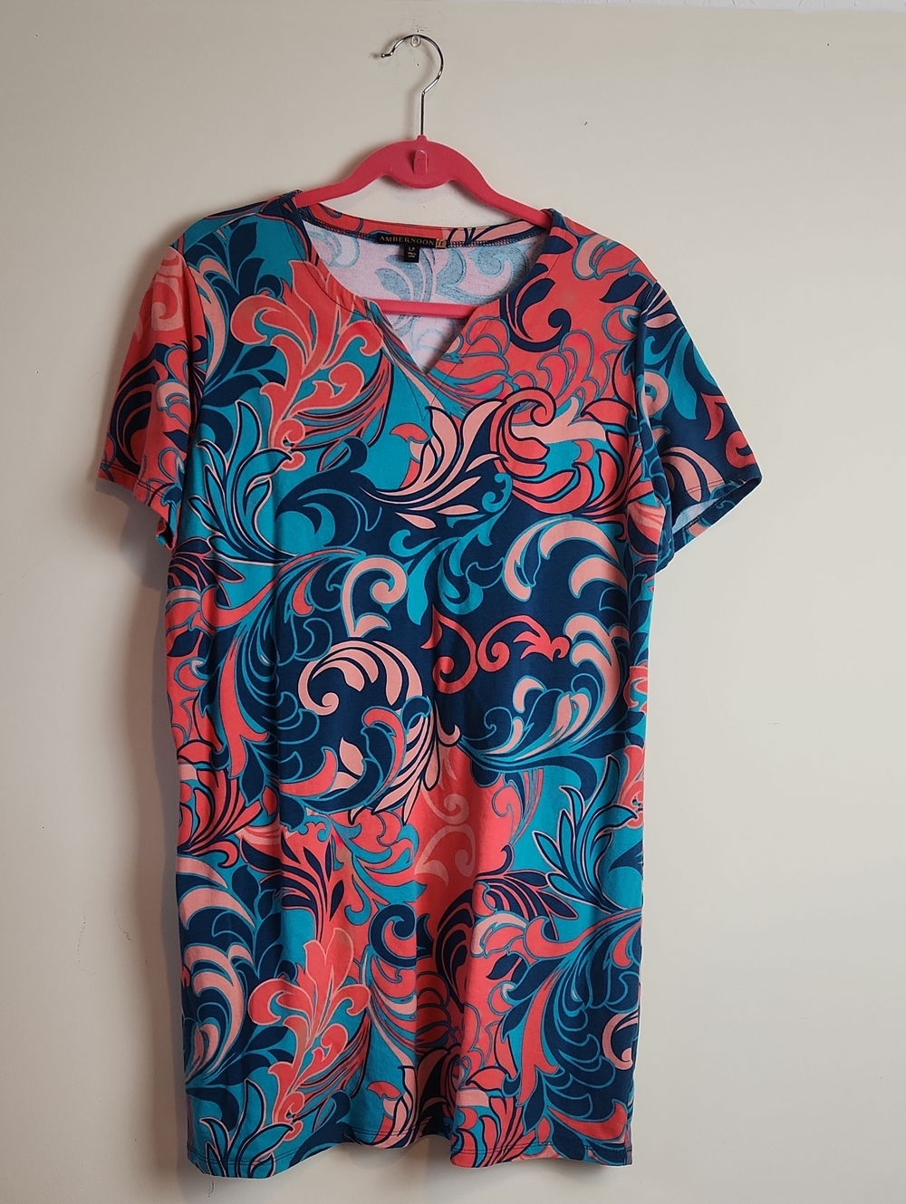 AMBERNOON II Coral & Teal Patterned V-Neck Dress Petite Large LP
